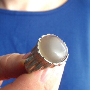 Beige Moonstone Ring, Sterling Silver Raw Textured Ring, Hand Sculpted Band image 6