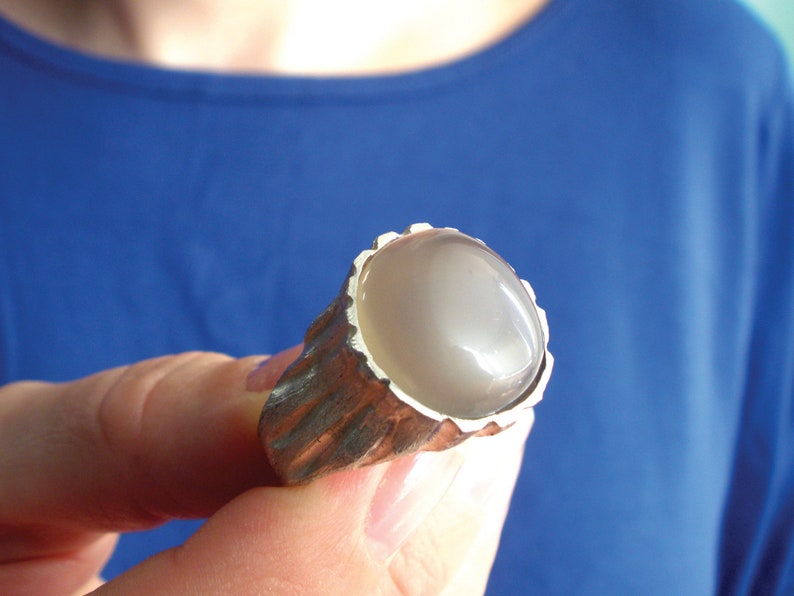 Beige Moonstone Ring, Sterling Silver Raw Textured Ring, Hand Sculpted Band image 6