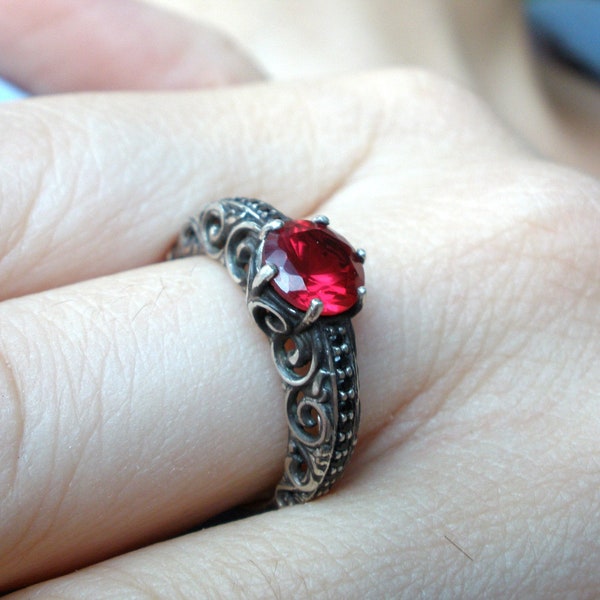 Ruby red ring, cz  black and ruby ring, silver ring, dainty alternative wedding ring, oxidized bridal ring, handmade gothic ring
