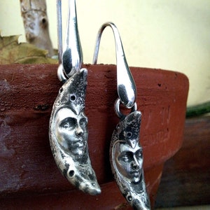 Moon Earrings,  Face of the Moon, Sterling Silver 925, Crescent Moon Dangle Earrings