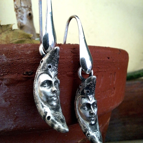 Moon Earrings,  Face of the Moon, Sterling Silver 925, Crescent Moon Dangle Earrings