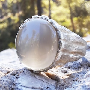 Beige Moonstone Ring, Sterling Silver Raw Textured Ring, Hand Sculpted Band image 1