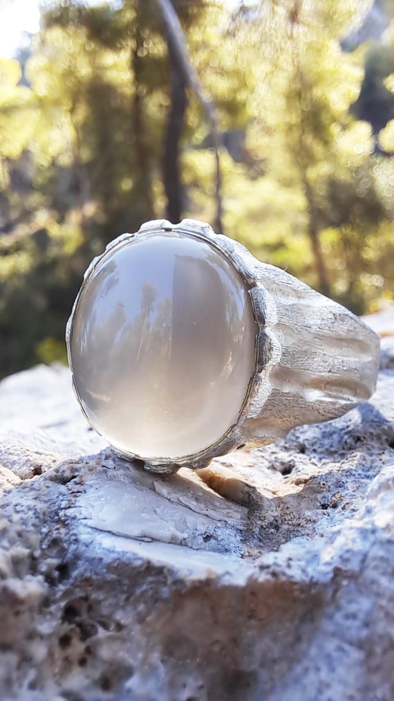 Beige Moonstone Ring, Sterling Silver Raw Textured Ring, Hand Sculpted Band