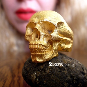 Gold Skull Ring, 24k Yellow Gold Plated Solid Sterling Silver 925, Anatomical Skull Men&#39;s Ring