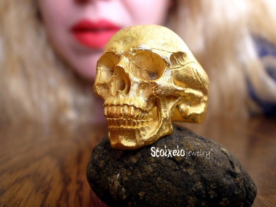 Gold Skull Ring, 24k Yellow Gold Plated Solid Sterling Silver 925