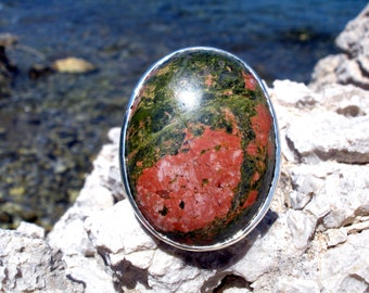 Large Unakite Ring Sterling Silver Unakite Ring Gemstone Ring Genuine Crystal Ring Hand Made Big Cocktail Ring