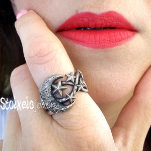 Stars & Moon-ring sterlingzilver 925, maansikkel, hemelse sieraden, verstelbare ring maanstanden