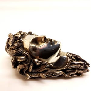 May include: A metallic sculpture depicting a human face in profile with a smooth, polished finish. The hair is rendered as a cluster of textured, snake-like forms that extend outward, creating a detailed and intricate appearance in a bronze tone.