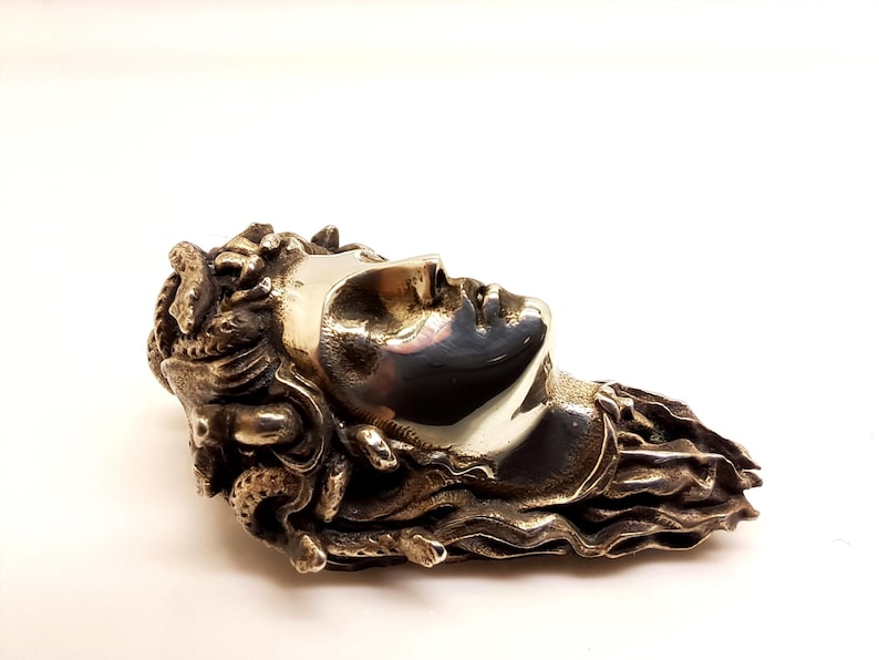 May include: A metallic sculpture depicting a human face in profile with a smooth, polished finish. The hair is rendered as a cluster of textured, snake-like forms that extend outward, creating a detailed and intricate appearance in a bronze tone.