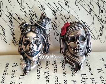 Pride Sugar Skull and Soul Sister Set Of Rings, Female Romantic, Girlfriends Band Rings, Couples Rings Silver, Galentine's Day