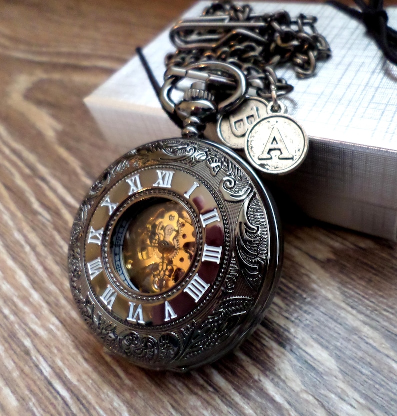 Black Pocket Watch Personalized Pocketwatch with Watch Chain Add 2 Initial Charms