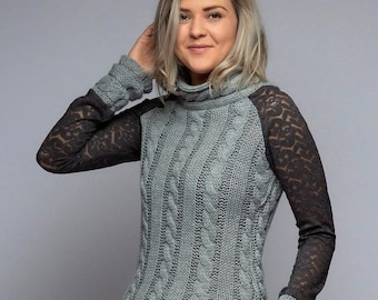 Knitted sweater with lace sleeves and shawl collar