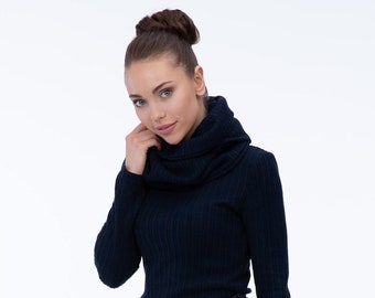 Neu Set Pullover und Schal Damen, weicher Viskose Rippstrick, Winterpullover Rundhals, enges, warmes Langarm Oberteil mit Schal, weiß, blau