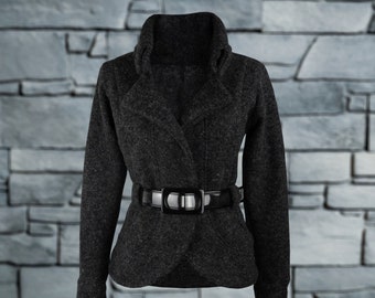 Neue Jacke EVE ANTHRAZIT, Wolljacke für Damen, tailierte graue Jacke mit Gürtel, schwarz, Winter Jacke, Herbst Jacke Stehkragen, Weiberstyle