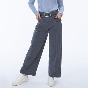 Bootcut pants ladies, ankle length with high waist, wide leg, stretch gabardine, blue, black, gray pinstripe, long leg, classic, women style image 1