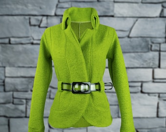 Neue Jacke EVE GREEN, Wolljacke für Damen, tailierte grüne Jacke mit Gürtel, schwarz, Winter Jacke, Herbst Jacke Stehkragen, Weiberstyle