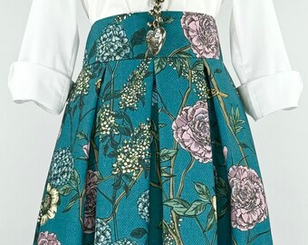 Maxi pleated cotton skirt with floral/bird print