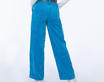 Lässige weite Cordhose blau Damen, lockere, weite Beinhose, bequeme, breite Maxihose, hohe Tailienhose vintage, retro