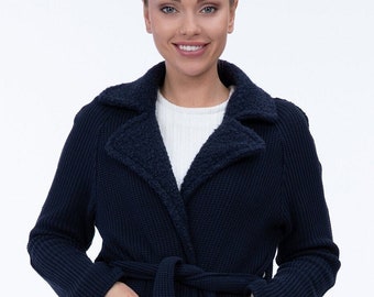 Dark blue knitted coat over knee, with lapel collar Teddy, large patch pockets, tie belt, classic short coat ladies, navy cardigan, casual,