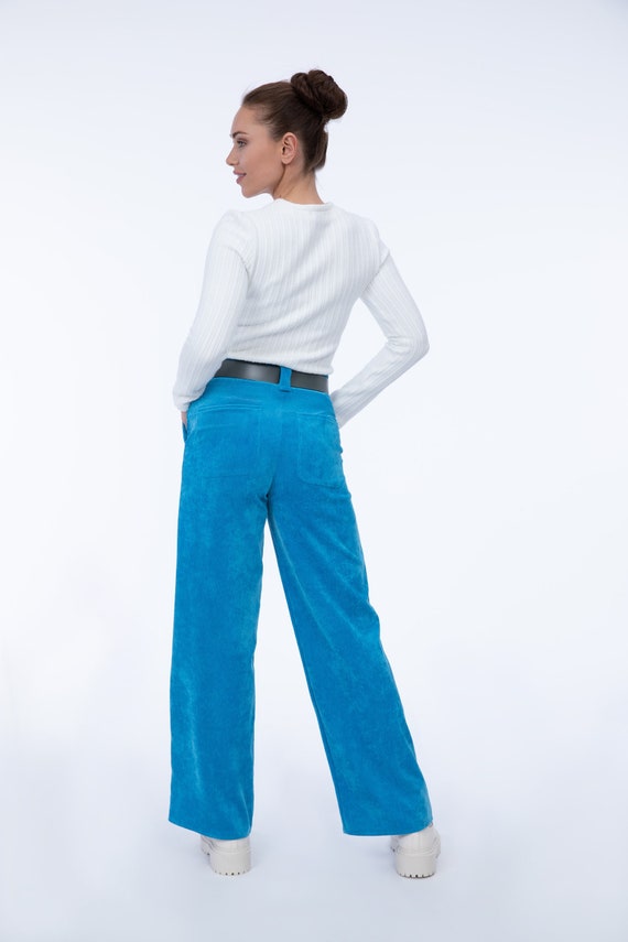 Casual Wide Corduroy Pants Blue Ladies, Loose Warm Wide Leg Pants Winter,  Comfortable Wide Maxi Pants Autumn, High Waist Pants Vintage 