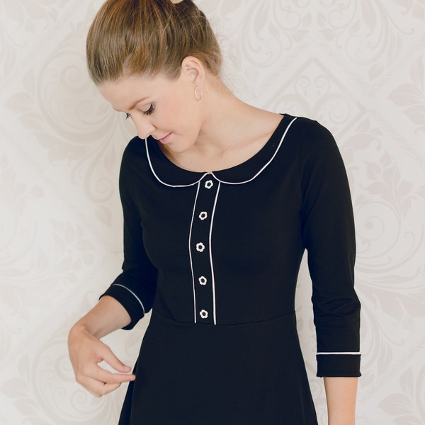 Kleid A- Linie Afternoon Tea black-schwarzes, knielanges, klassisches Kleid Damen, Bubikragen, 3/4Arm, Oberteil figurnahe, Rock ausgestellt