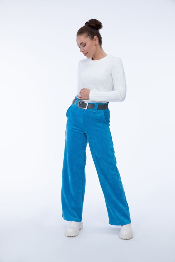 Casual Wide Corduroy Pants Blue Ladies, Loose Warm Wide Leg Pants