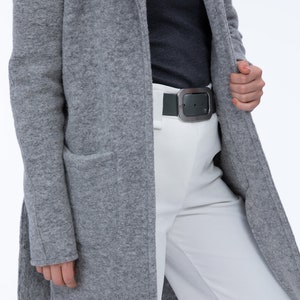 Abrigo de lana gris sobre las rodillas, con cuello de solapa, bolsillos de parche grandes, cinturón de corbata, abrigo corto clásico para damas, cárdigan, blanco de invierno imagen 4