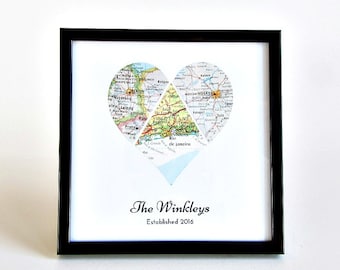 Personalized Wedding Map Heart, Framed Wedding Heart, Bridal Shower Map Gift, Newlywed Map Heart, Wedding Gift Last Name Established
