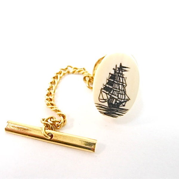 Vintage Scrimshaw Sailing Ship Carved Bone Tie Tack Mens Jewelry - EA784