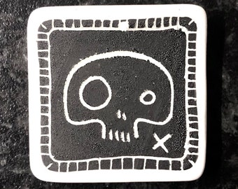 Scull Porcelain Fridge Magnet, black and white, unique, collectable, hand painted