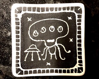 Alien Ship Spooky Porcelain Fridge Magnet, black and white, unique, collectable, hand painted