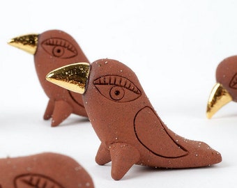 Small Terracotta Crow with 22k Gold Beak, 100% handmade ceramic bird / talisman