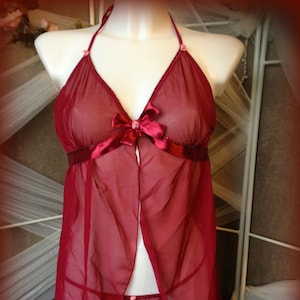 Sheer Babydoll and thong - Claret Wine Red - hand embellished with red gems and pink satin bows size 2xl 14-16uk