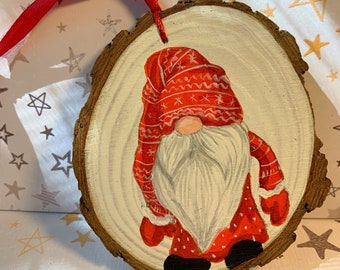 Christmas Gonk Gnome Santa - Hand-painted - Wood Slice Disc Hanging Decoration - Hug in a Box - gift