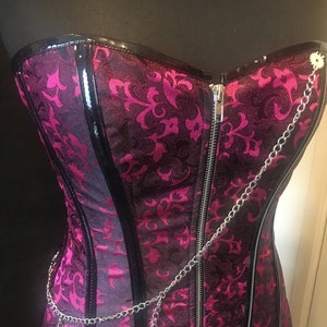 Black Damask Corset - Cerise Pink Red Size L 10/12 UK - cosplay, fancy dress, goth, emo, costume steampunk