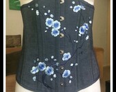 Sexy Blue Denim Floral Underbust Corset Top - size 2xl 14 16UK - western, steampunk Victorian