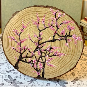 桜の木 手描きアクリル 木片に - ピンク 白 黒 - 生エッジ - ホームデコレーション