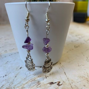 Birth Stone Silver Lucky Cat Dangle Drop Earrings - Chinese Christmas Secret Santa Birthday, birth stone star sign new year