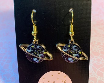 Planet Dangle Drop Earrings  - Astronomy Space Gold Universe Galaxy -  black blue sunset - Christmas