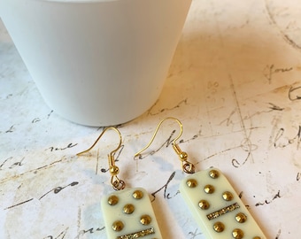 Domino Dangle Drop Earrings - Glitter Lucky Number Crystals blue - gift Secret Santa birthday kawaii
