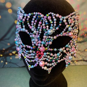 Cat Masquerade Mask - Crystal Pearl Gem Pastel Blue Pink Black White  - Halloween fancy dress hen night costume cosplay Prom