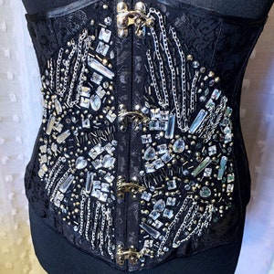 Gem & Chain Underbust Corset - Black Silver Steampunk - Halloween Goth Emo Scene Costume Fancy Dress - Size L  10/12 UK