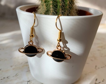 Planet Dangle Drop Earrings  - black gold copper Astronomy Space Saturn Gold  - Celestial