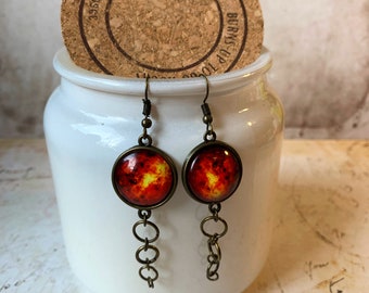 Planet Dangle Drop Earrings - Astronomy Earth Sun Moon Neptune Mars Saturn Jupiter Venus - antique bronze agate blue bead