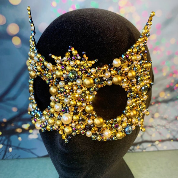 Owl Masquerade Mask - Bird Athena Goddess costume cosplay fancy dress Halloween hen night - Black Gold Pearl Glitter Crystal Snow White