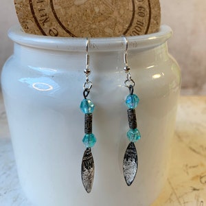 Festival Boho Feather & bead dangle drop earrings - Antique Silver upcycled gift