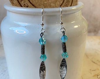 Festival Boho Feather & bead dangle drop earrings - Antique Silver upcycled gift