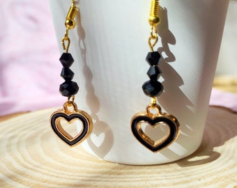 Hearts & Beads Dangle Drop Earrings - black white pink blue gold Enamel  - gift Christmas Birthday Mother's Day