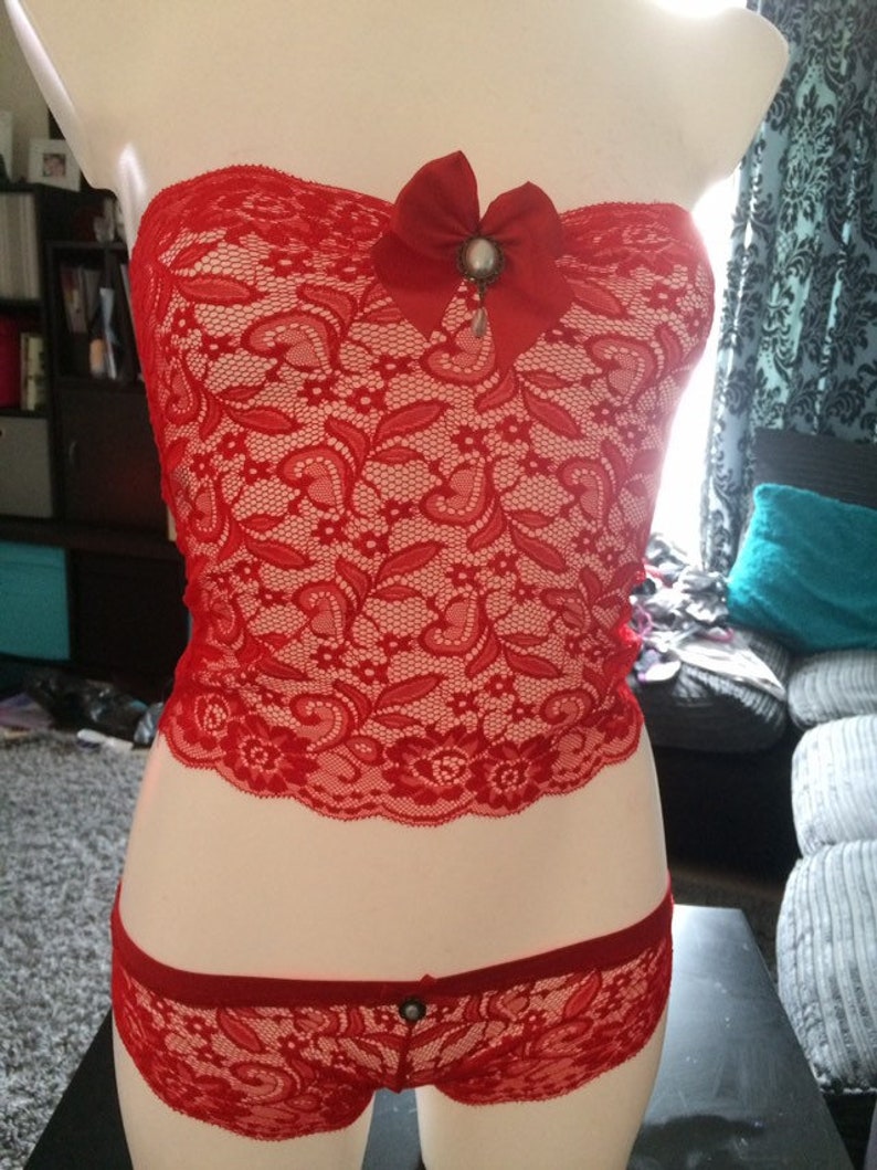Sexy Sheer Red Lace Bralette Bandeau & Pantie Set Size Small Etsy