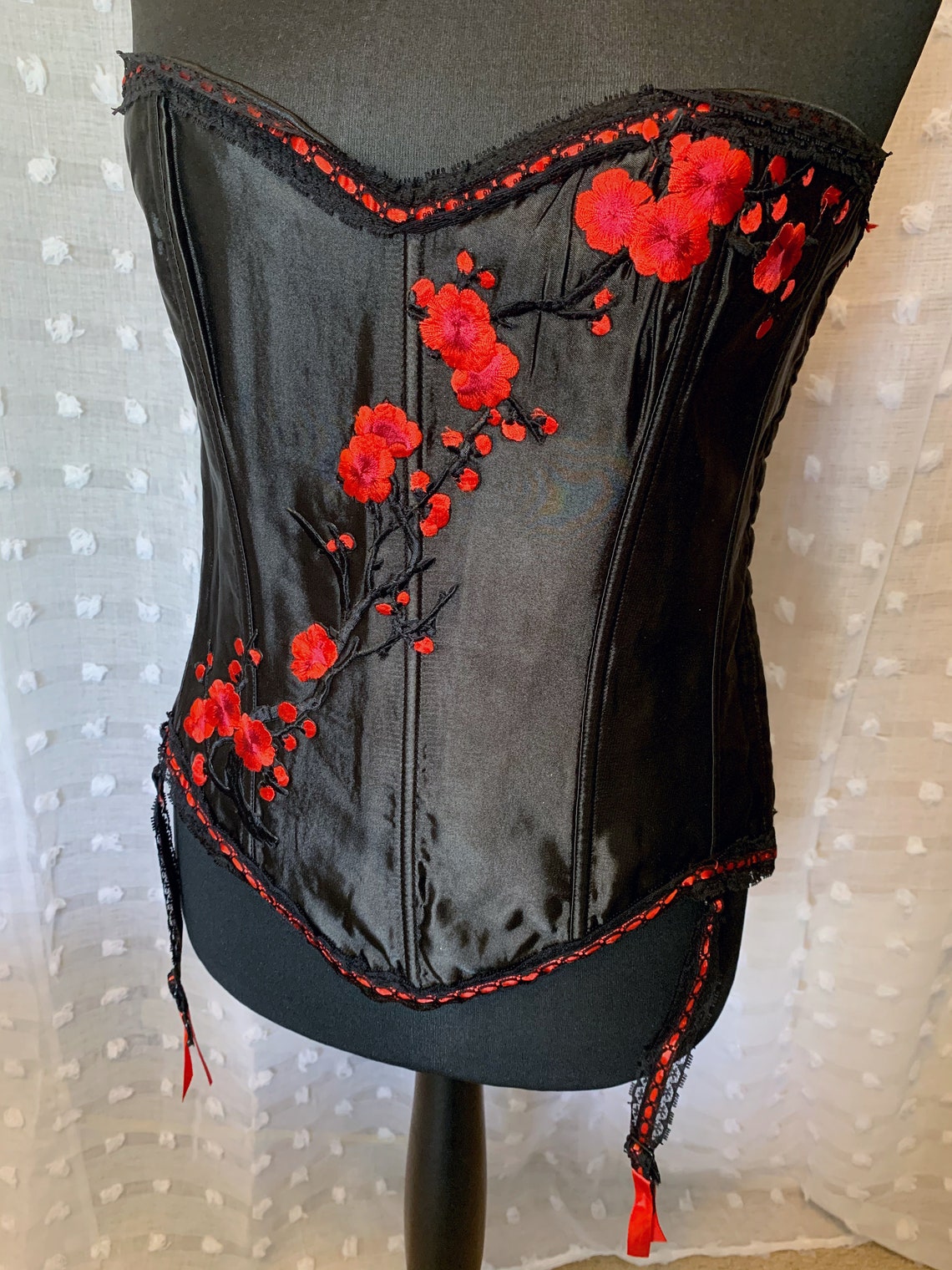 Black Satin Red Blossom Floral Corset Top With Removable Etsy
